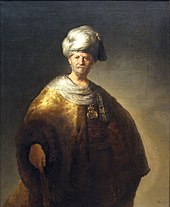 Man In Oriental Costume ("The Noble Slav"), oil on canvas, by Rembrandt, 1632. A significant example of European emulation of Ottoman dress for the purpose of portraying a dignified, elite appearance. Rembrandt - Man in Oriental Costume.JPG
