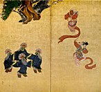 Danseurs de bugaku. Vers 1626[18]. Paire de paravents à deux panneaux. Encre, couleurs, or / papier. 169 x 165 cm. Daigo-ji, Kyoto