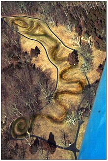 Great Serpent Mound, a 411-meter long (1,348 ft) effigy mound in Adams County, Ohio, ca. 1070 CE Serpent Mound (aerial view).jpg