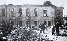 Burned ruins of the Great Synagogue of Bialystok, after it was torched down by the Germans with approximately 2000 Jews inside, 1941. Synagogue Bialystok -1 -1941.jpg