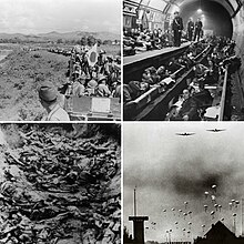 1940, clockwise from top left: IJA troops advance to Lang Son during the Japanese occupation of French Indochina, a London Tube station serves an air-raid shelter during the Battle of Britain, German paratroopers arrive for the Battle of the Hague, mass grave of Katyn Massacre victims Timeline of World War II collage.jpg