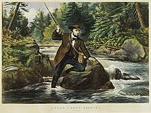 Fishing became a popular recreational activity in the 19th century. Print from Currier and Ives. Trout fishing 1860s.jpg