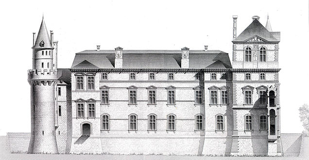 Zahodna fasada Lescotovega krila c. 1560, risba arhitekta Henrija Legranda (1868) na podlagi zgodovinskih dokumentov[19]
