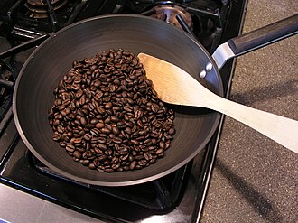 Pan-frying coffee beans in a wok
