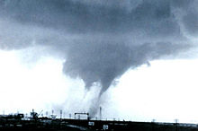 A multiple-vortex tornado outside Dallas, Texas on April 2, 1957. 1957 Dallas multi-vortex 1 edited.JPG