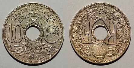 Pièce de 10 centimes française (maillechort, 1939, revers et avers)