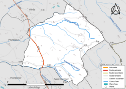 Carte en couleur présentant le réseau hydrographique de la commune