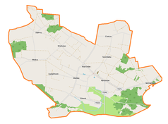 Mapa konturowa gminy Abramów, blisko prawej krawiędzi nieco na dole znajduje się punkt z opisem „Michałówka”