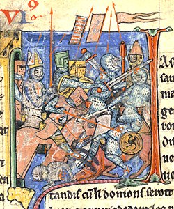 A mitred Adhémar de Monteil carrying the Holy Lance in one of the battles of the First Crusade