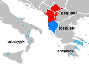 Mapa. Albania i okolice. Różnokolorowe obszary