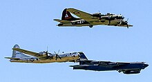 B-29 Superfortress, B-17 Flying Fortress and B-52 Stratofortress flying in formation at the 2017 Barksdale Air Force Base Airshow B-17, 29 & 52, Barksdale 2017.jpg