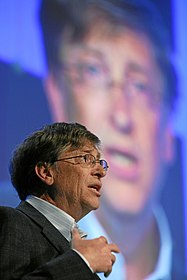 Gates delivers a speech at the World Economic Forum in Switzerland, January 2008. Bill Gates - World Economic Forum Annual Meeting Davos 2008.jpg