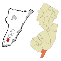 Map of Erma CDP in Cape May County. Inset: Location of Cape May County in New Jersey.