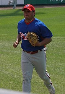 Carlos Ruiz hit a three-run home run in Game 1 of the League Championship Series. Carlos Ruiz.jpg