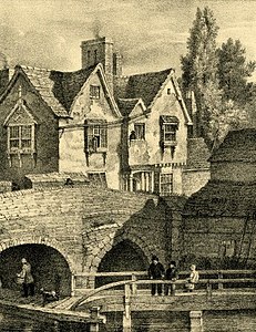 Old buildings on the West Bridge, Leicester (vers 1830)