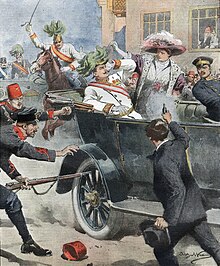 Gavrilo Princip assassinating Archduke Franz Ferdinand of Austria in Sarajevo. DC-1914-27-d-Sarajevo-cropped.jpg