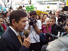Presidential candidate Dennis Kucinich speaks out against the Iraq War. Dennis Kucinich 2004 Democratic National Convention.jpg