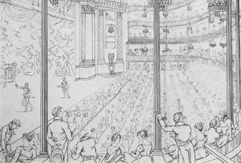 The Theatre Royal at Drury Lane in 1813. The platform stage is gone, and note the orchestra cutting off the actors from the audience. Drury Lane 1813 cropped.png