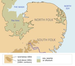 The kingdom of the East Angles during the period it was ruled by the Wuffingas, bordered by the North Sea, the River Stour, the Devil's Dyke and the Fens East Anglian kingdom.svg