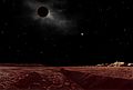 Tranh của Lucien Rudaux, hiện tượng nguyệt thực có thể trông giống như khi nhật thực ở bề mặt Mặt Trăng. Bề mặt của Mặt Trăng xuất hiện màu đỏ bởi vì chỉ có ánh sáng đỏ bị khúc xạ lên bề mặt Mặt Trăng, như bức tranh này.