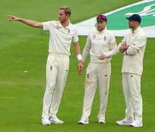 Root (centre) discusses tactics with bowlers Stuart Broad and Jimmy Anderson England's Stuart Broad, Joe Root and Jimmy Anderson discuss tactics.jpg