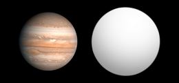 schematischer Größenvergleich zwischen Jupiter und WASP-5 b