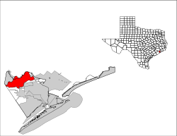利格城在加爾維斯敦縣及德克薩斯州的位置（以紅色標示）
