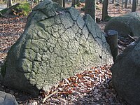 Ein Fels aus der Opfersteine-Gruppe auf der Juhöhe. Der Sage nach sind die Verwitterungsrisse die Kratzspuren des Teufels.