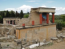 Restored North Entrance with charging bull fresco of the Palace of Knossos (Crete), with some Minoan colourful columns Knossos - North Portico 02.jpg
