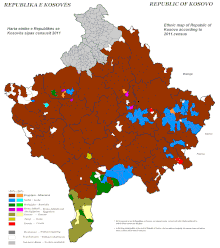 Distribution of ethnic groups within Kosovo, as of the 2011 census. Kosovo ethnic map 2011 census.GIF