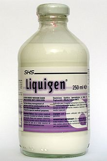 A glass bottle of 250 ml of Liquigen, a white opaque liquid