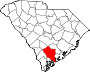 Harta statului South Carolina indicând comitatul Colleton