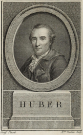Engraving showing an oval image of Michael Huber, on a plinth with the text "HUBER"