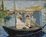 Claude Monet Painting in his Studio; by Édouard Manet; 1874; oil on canvas; 80 × 98 cm; Neue Pinakothek