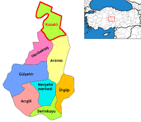 Mapa dos distritos da Província de Nevşehir com o distrito de Kozaklı em destaque