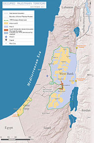 Area C (blue) is part of the West Bank under full Israeli control, in 2011. Occupied Palestinian Territories.jpg