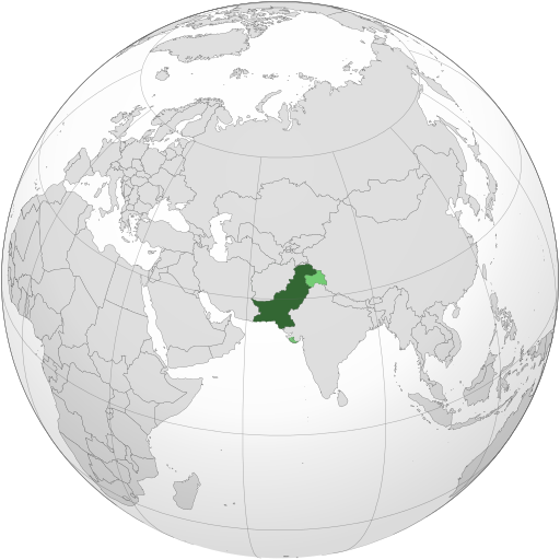 Land controlled by Pakistan presented in dark green; land claimed but not controlled presentation in light green