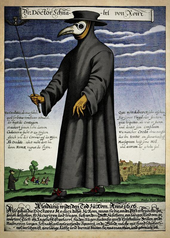 A plague doctor and his typical apparel during the 17th-century outbreak. Paul Furst, Der Doctor Schnabel von Rom (coloured version).png