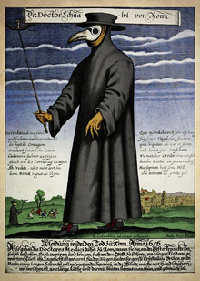 A plague doctor and his typical apparel during the 17th century Paul Furst, Der Doctor Schnabel von Rom (coloured version).png