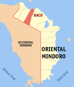 Mapa han Oriental Mindoro nga nagpapakita kon hain nahamutang an Baco.