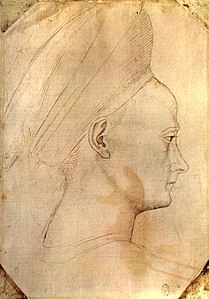 Vrouwenhoofd in profiel naar rechts, inv. 2342r, ca. 1433-1438, pen en potlood op papier, 25 × 17,2