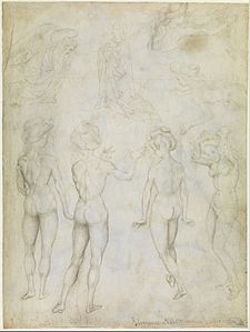 Vrouwelijk naakt (4x), annunciatie, zwemmende vrouw (2x), ca. 1425, tekening op perkament, 22,3 × 16,7 cm, Museum Boijmans Van Beuningen (Rotterdam)