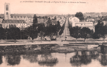 Carte postale de Château-Thierry montrant l'église Saint Crépin et l'Avenue de Soissons.