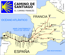 The Camino de Santiago enters in the Hispanic Christian kingdoms of the Iberian Peninsula for its Aragonese branches (Canfranc) and Navarre (Roncesvalles). From Logrono goes through the kingdoms of Castile and Leon, ending in Santiago de Compostela. The Cantabrian branch is diverted to pass through Oviedo, route coined one of the first tourist slogans. "Who go to Santiago and not see The Savior, visits the servant and forgets the lord". Ruta del Camino de Santiago Frances.svg