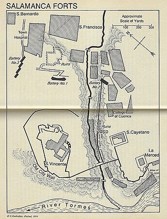 Map shows French forts in Salamanca that were forced to surrender in a siege that ended on 27 June 1812.