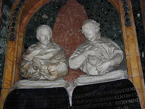 Gravmonumenten över Johannes Savenier (av Alessandro Algardi) och Gualtero Gualteri de Castro (av Ercole Ferrata) i Santa Maria dell'Anima.