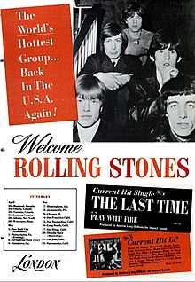 A black and white trade ad for the 1965 Rolling Stones' North American tour. The members of the band are sitting on a staircase with either their hands clasped or arms folded, looking at the camera. From left: The front row contains Brian Jones, Bill Wyman; the second row contains Charlie Watts and Keith Richards; the third (and final) row contains Mick Jagger.