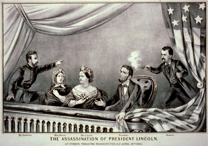 Abraham Lincoln suikastı: soldan sağa Henry Rathbone, Clara Harris, Mary Todd Lincoln, Abraham Lincoln ve John Wilkes Booth (Litograf, 1865) (Üreten: Currier & Ives)