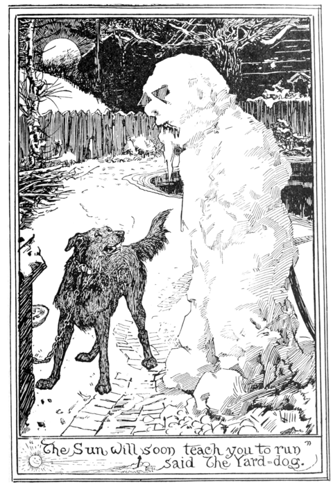 a black and white illustration of a snowman speaking to a dog. The snowman is lumpy but is more detailed and humanoid than snowmen are usually depicted, posed with hands on hips. The dog is midsized with a fluffy tail and is chained to the wall and looks somewhat alarmed. They are in a fenced-in snowy yard with a frozen pond visible behind them, and the moon can be seen behind the fence partly obscured by some mountains.