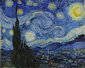 A landscape in which the starry night sky takes up two thirds of the picture. In the left foreground a dark pointed Cypress pine tree extends from the bottom to the top of the picture. To the left, village houses and a church with a tall steeple are clustered at the foot of a mountain range. The sky is deep blue. In the upper right is a yellow crescent moon surrounded by a halo of light. There are many bright stars large and small, each surrounded by intense swirling halos. Across the center of the sky the Milky Way is represented as a double swirling vortex.